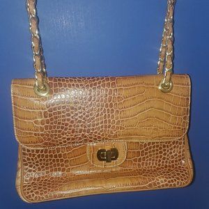 Carbotti Italian Brown Leather Purse Gold Chains Calfskin Croc Embossed Pattern